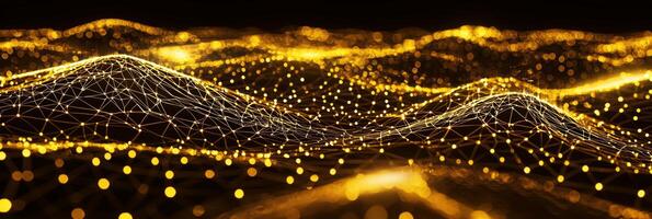 Golden particles weave together to form an intricate geometric pattern, glowing softly against a dark background, creating a mesmerizing web-like structure emphasizing high-tech aesthetics. photo