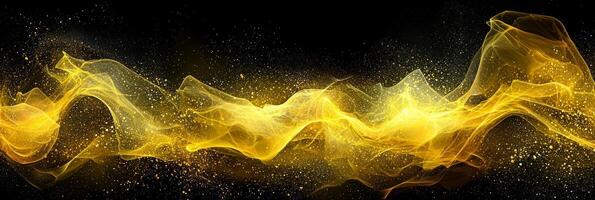 Vibrant yellow particles weave together to form a complex geometric pattern, illuminated by radiant lines on a deep black background, evoking a sense of cosmic wonder. photo