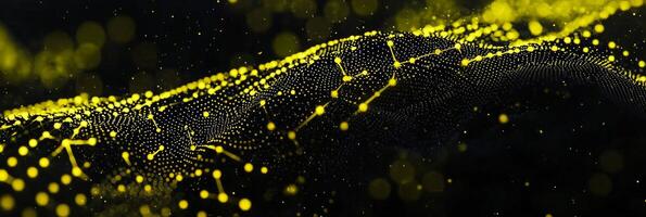 Yellow particles converge and intertwine in a mesmerizing geometric pattern, highlighted by luminous connections on a deep black background, evoking a sense of cosmic wonder. photo