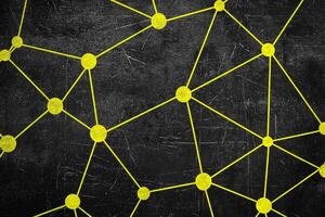 Surrounded by a void of darkness, tiny yellow dots dance across the canvas, interconnected by thin, glowing lines, evoking a mesmerizing starry night in a minimalist style. photo