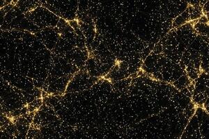 Delicate yellow particles are scattered across a deep black background, linked by luminous lines that create a cosmic, starry effect, inviting a sense of wonder and tranquility. photo