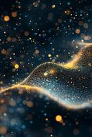 Golden dots gracefully cascade in a wave-like motion over a dark background, their glowing edges and blurred forms crafting a dreamlike, minimalist cosmic experience. photo