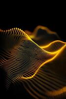 A mesmerizing array of yellow dots flows naturally across a black backdrop, evoking a sense of motion with blurred particles and luminous edges that dance like cosmic energy. photo