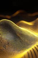 A dynamic composition unfolds with yellow particles swirling in elegant waves against a dark backdrop, showcasing a captivating blend of motion and illumination. photo