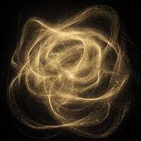 Swirling particles in rich yellow hues create a nebula-like formation that radiates warmth in a dark cosmic setting. This artwork invites a sense of wonder and imagination. photo