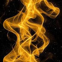 Softly glowing yellow particles swirl and dance, forming a nebula-like shape against a black background, evoking a sense of wonder and cosmic beauty. photo