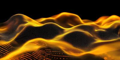 A mesmerizing arrangement of yellow particles clusters seamlessly into flowing waves, exuding a soft glow that captivates the viewer against a deep black background. photo