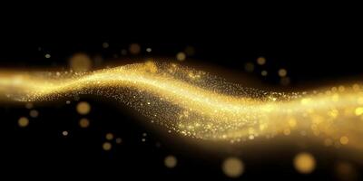 Gentle clusters of yellow particles gather into a flowing wave, emitting a soft glow against the black backdrop, creating an enchanting and dynamic visual effect. photo