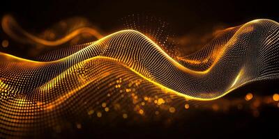A mesmerizing display of yellow particles clusters together, forming a radiant wave that glows softly against the deep black backdrop, evoking a sense of movement and energy. photo