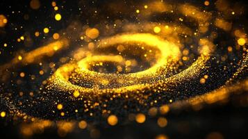 A dynamic arrangement of glowing yellow dots creates a swirling spiral effect against a deep black background, evoking a sense of cosmic wonder and minimalism. photo