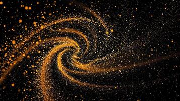 Glowing yellow particles dance and swirl in a captivating spiral, varying in size against a stark black backdrop, creating a minimalistic cosmic effect. photo