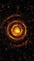 Swirling yellow particles create an intense vortex at the center, radiating energy in a captivating dance against a deep black background, evoking cosmic wonder. photo