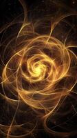 A mesmerizing display of yellow particles forms a vibrant vortex, radiating intense energy as they swirl outward against a black background. This artwork captures the essence of cosmic movement. photo