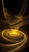 Swirling yellow particles form a captivating vortex that glows intensely in the center, radiating energy and dynamism, set against a dark canvas, evoking cosmic wonder. photo
