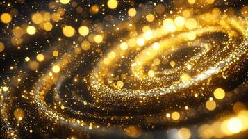 Across a deep black canvas, warm yellow dots swirl and twinkle like distant stars, creating an enchanting cosmic spiral that captivates the viewer's imagination. photo