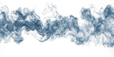 A captivating blue smoke plume rises and twists, expanding into soft, wavy trails against a bright white backdrop, evoking a sense of tranquility and artistic beauty. photo