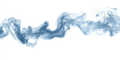 A captivating blue smoke plume elegantly twists and expands, leaving soft, wavy trails against a bright white backdrop, invoking a sense of freedom and flow. photo