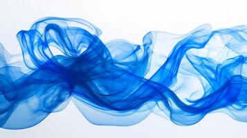 Curled blue smoke tendrils gracefully ascend into the air, creating an enchanting flow of bright blue shades against a clean white background, evoking a sense of tranquility and movement. photo