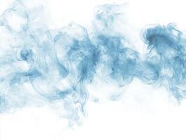 Swirling tendrils of blue smoke ascend softly, showcasing a mesmerizing dance of shades from deep to light blue against a bright white setting, creating an ethereal atmosphere. photo