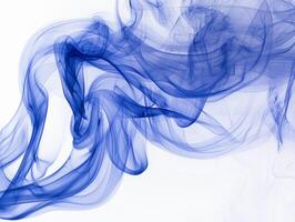 Delicate tendrils of blue smoke rise and twist effortlessly, showcasing a stunning interplay of light and shadow against a bright white canvas, evoking a sense of movement and calm. photo
