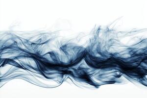 Thick blue smoke swirls beautifully, rising in soft curls on a bright white backdrop. The dark blue hues and expanding edges evoke a sense of depth and mystery. photo