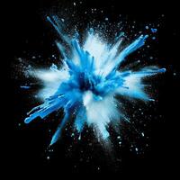 Blue particles burst outward from a central point, illuminating the dark background with glowing trails as they scatter in dynamic, energetic patterns that evoke a sense of movement. photo