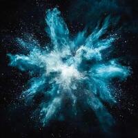 In a striking display, blue particles burst dynamically against a black canvas, scattering in all directions and leaving glowing trails, creating a dazzling spectacle of energy. photo