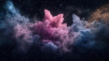 Particles burst outward in a radiant explosion of pink hues against a dark backdrop, capturing a cosmic energy that evokes a sense of vibrant motion and wonder. photo