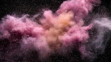 explosion of pink particles radiates with energy, dispersing in all directions against a dark cosmic background, creating a vivid and vibrant atmosphere. photo