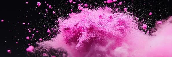 vibrant pink particle explosion bursts forth, scattering glowing particles across a black canvas, forming a dynamic wave of energy and light that captivates the senses. photo