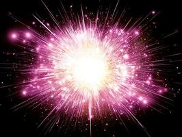 Vivid pink particles erupt from a central point, scattering outward and illuminating the darkness with a brilliant display of cosmic energy and motion. photo