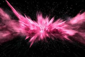 vibrant burst of pink particles erupts with intensity, scattering dynamic trails of glowing dust in all directions. This dramatic display simulates a cosmic explosion, invoking a sense of wonder. photo