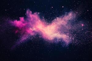 captivating cosmic explosion unfolds as pink particles burst outward, scattering sparkling trails of glowing dust across the dark expanse of space, evoking a sense of wonder. photo