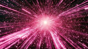 explosion of vibrant pink particles bursts forth from the center, scattering in all directions against a pitch-black background, emanating waves of colorful energy and light. photo