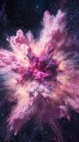 stunning burst of pink particles radiates outward, creating a mesmerizing wave of glowing energy that fills the cosmic space with vibrant hues. This dynamic explosion captivates the imagination. photo