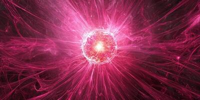 Bright pink particles burst outward from a luminous core, creating an enchanting wave of cosmic energy and shimmering dust in the vastness of space. photo
