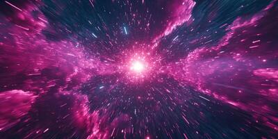 stunning pink particle explosion emanates from a luminous core, with particles radiating outward, forming a breathtaking wave of cosmic energy and light. photo