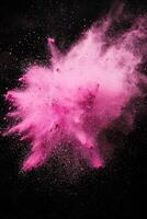 Witness a mesmerizing pink particle explosion that unleashes radiant dust cascading outward. The ethereal energy creates a stunning contrast against the dark void, captivating all who gaze. photo