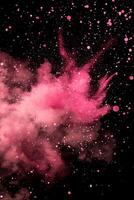 mesmerizing pink explosion of particles bursts forth, releasing shimmering dust that radiates outward in a dance of ethereal energy against a stark black backdrop. photo