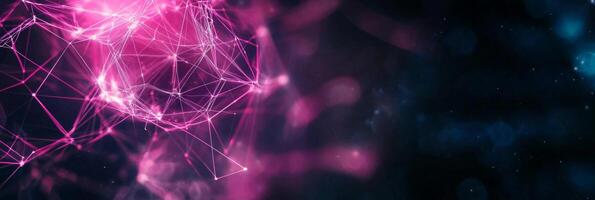 captivating display of pink particles forms a mesmerizing geometric pattern, interconnected by luminous lines that create a radiant, futuristic ambiance against a stark black backdrop. photo
