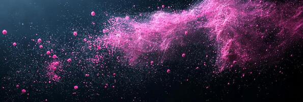 mesmerizing arrangement of pink particles is intricately designed in a geometric layout, illuminated by delicate glowing lines on a deep black canvas, evoking a sense of modern artistry. photo