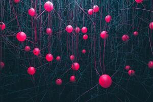Tiny pink dots scattered across a dark canvas connect with glowing lines, creating a captivating starry sky effect that evokes a sense of cosmic wonder and minimalist beauty. photo