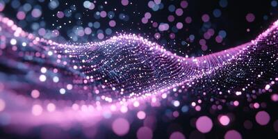 vibrant array of luminous pink particles gather into flowing waves, casting a radiant glow against the deep black background, evoking a sense of movement and energy. photo