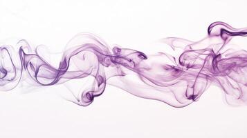 Curling tendrils of purple smoke rise and twist delicately, blending soft violet hues into the air against a stark white backdrop, showcasing ethereal beauty. photo