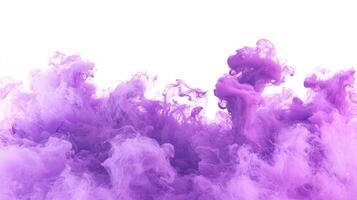 Tendrils of vibrant purple smoke weave and curl upward, blending rich violet hues into the air, creating an enchanting display set against a crisp white background. photo