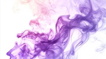 Delicate violet smoke tendrils rise gracefully, showcasing a blend of rich and lighter hues against a pristine white backdrop, creating an ethereal and artistic visual experience. photo