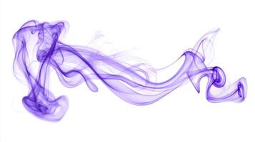 Violet smoke strands rise gracefully, intertwining in the air and fading into lighter shades, creating a mesmerizing display on a clean white canvas. photo