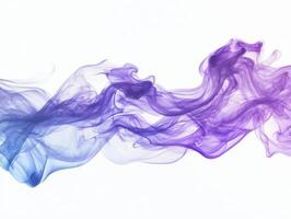 Soft, swirling tendrils of purple smoke rise gracefully, blending deep hues with lighter shades, creating a captivating dynamic display against a clean white background. photo