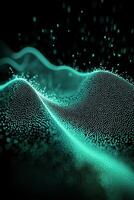 Turquoise particles ripple in a wave-like motion against a dark backdrop, creating a sense of cosmic tranquility. The blurred particles suggest fluid movement in a minimalist aesthetic. photo
