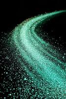 Turquoise dots weave together in a fluid wave, suggesting dynamic movement against a deep black canvas, embodying a minimalist and cosmic aesthetic. photo